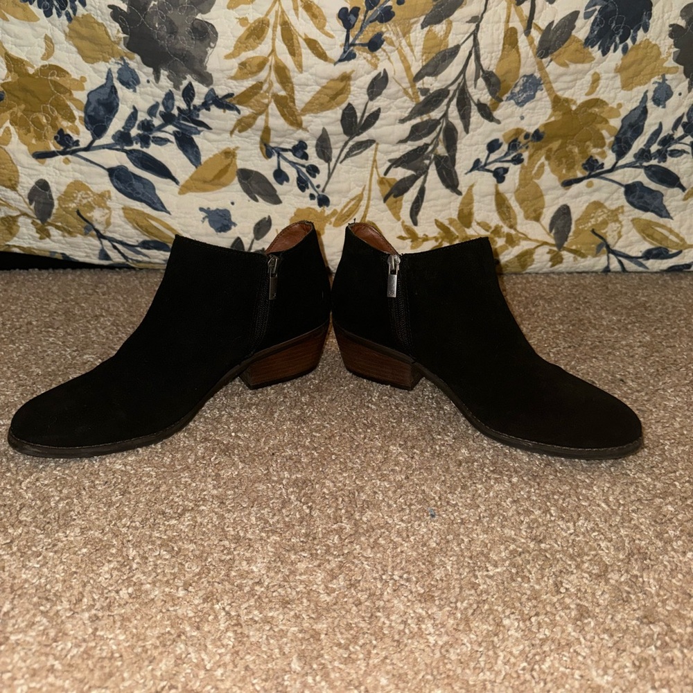 Black suede Lucky Brand booties with wooden heel and zip